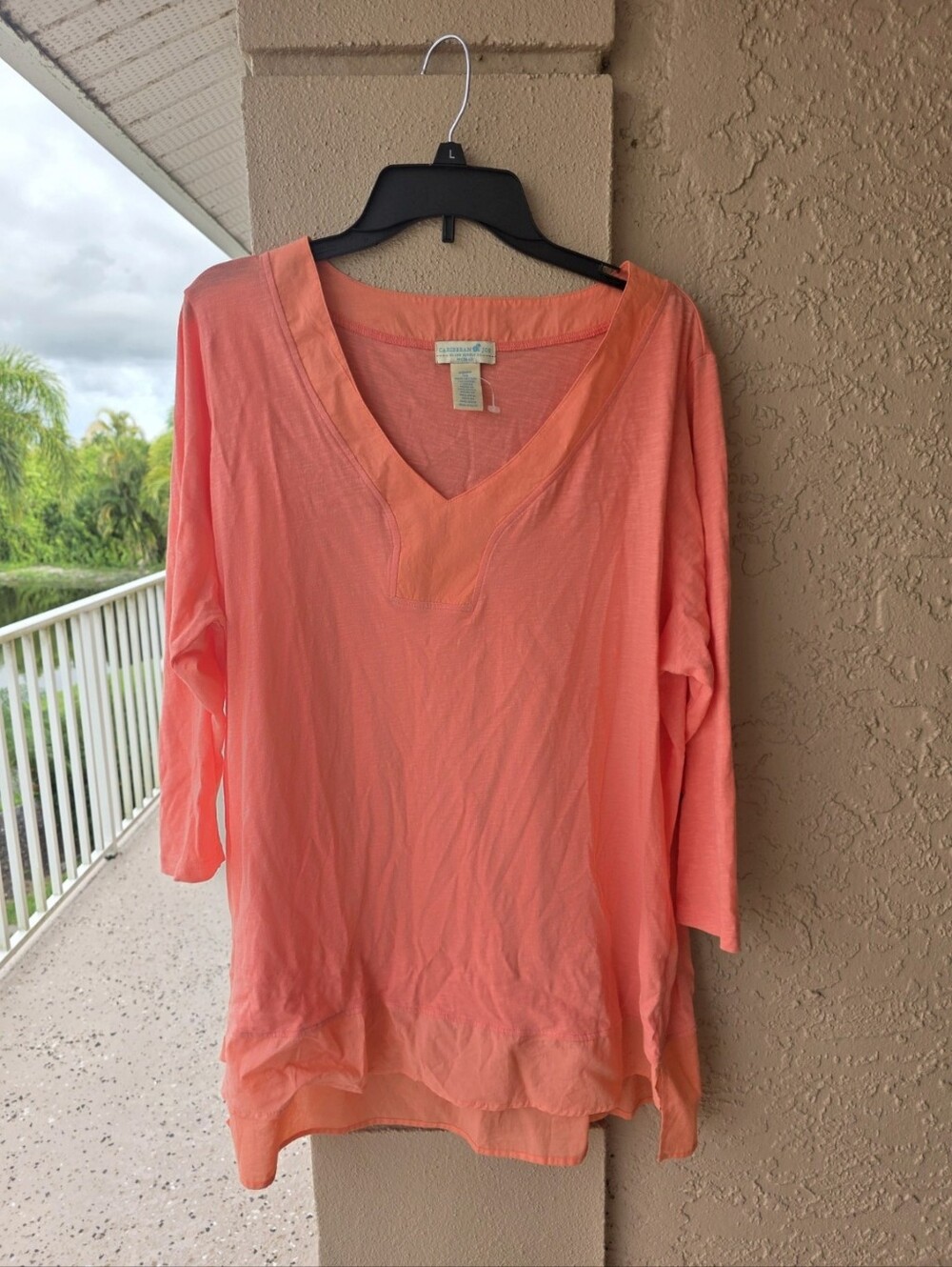 Caribbean Joe Woman 3X Coral Pink 100% Cotton 3/4 Sleeve Tunic Top